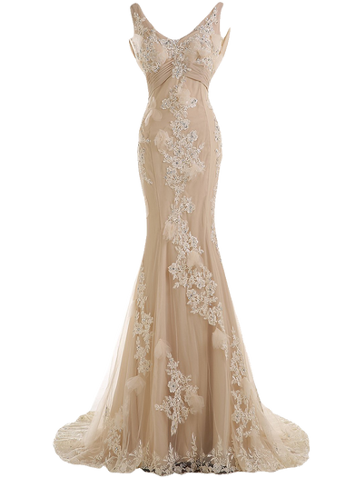Sunvary Gorgeous Champagne Mermaid Wedding Dresses for Bride Lace and Chiffon