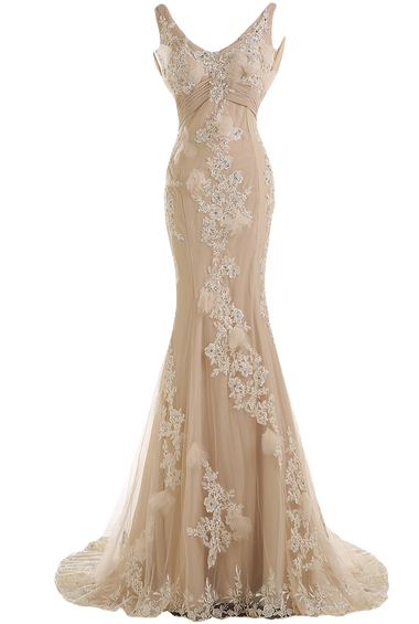 Sunvary Gorgeous Champagne Mermaid Wedding Dresses for Bride Lace and Chiffon
